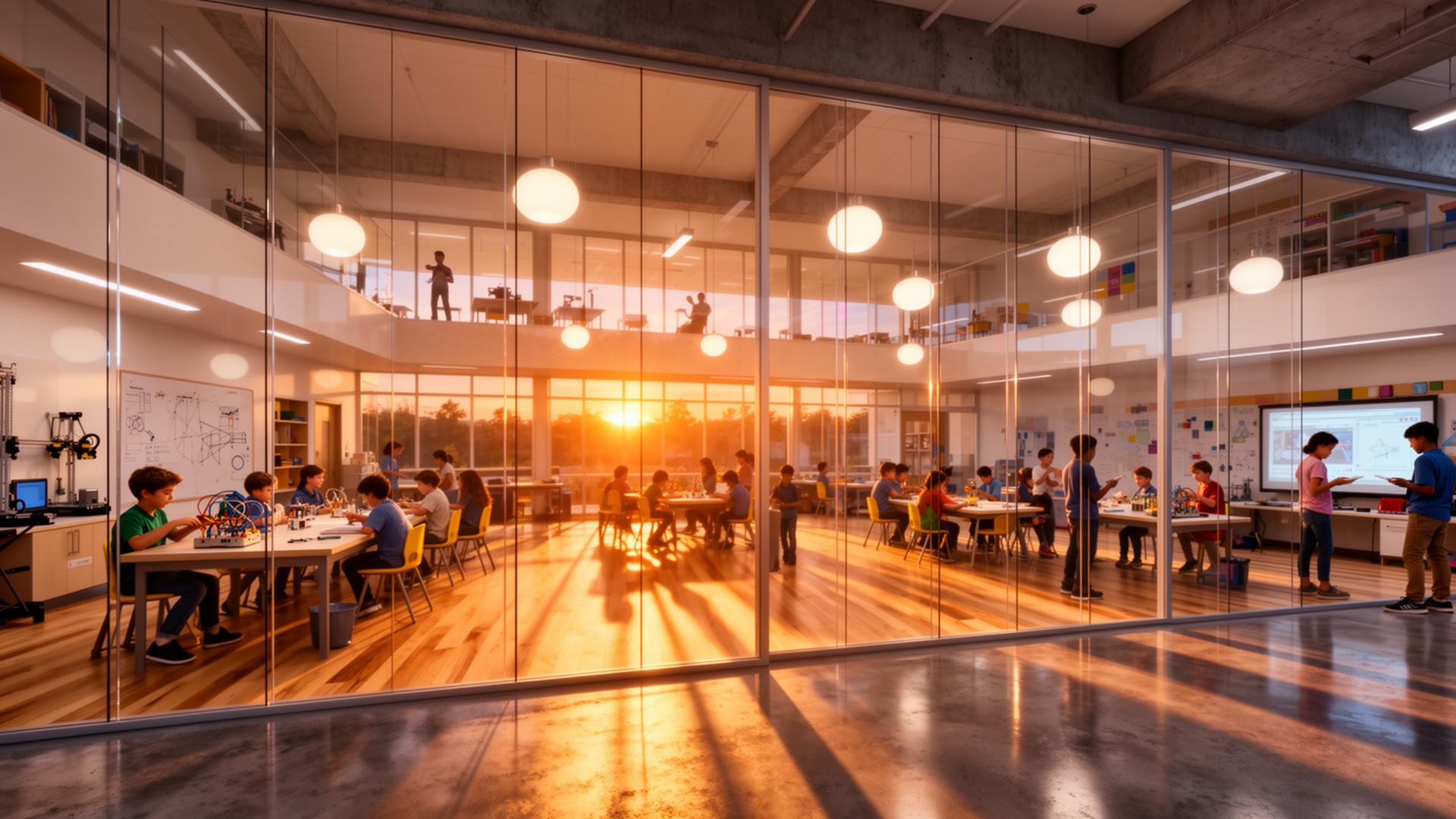 The Transparent Studio Loft concept render — Every classroom is a window onto learning next door.