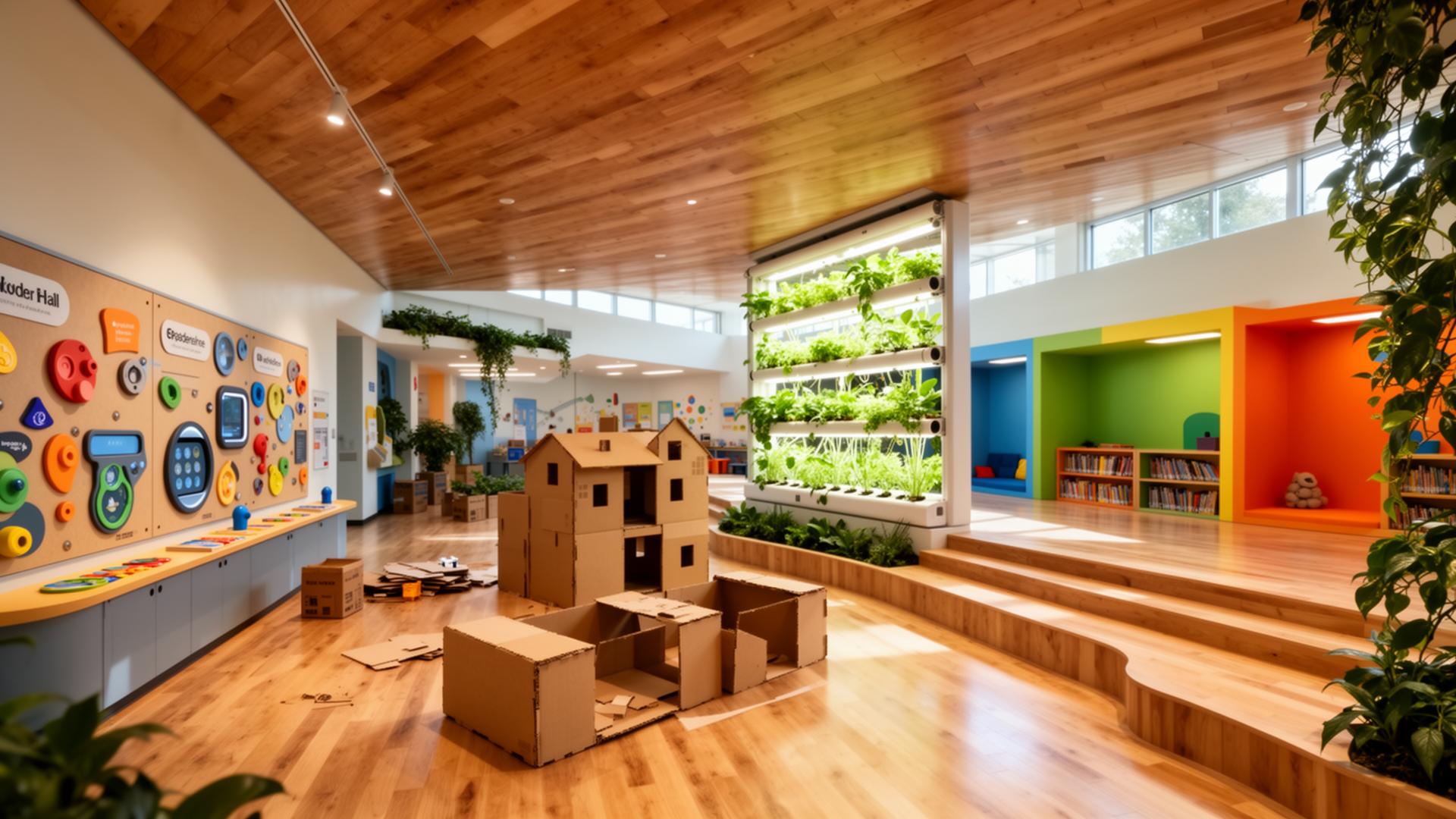 The Ehrman Crest Wonder Hall concept render — Play with Purpose — a K-6 commons that learns like a children's museum.